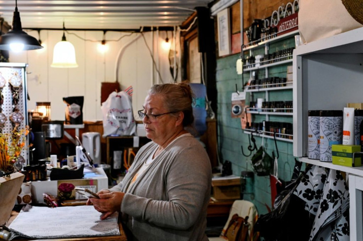 Yvonne Wallech looks at her mobile phone while tending to her gift shop in Green Bank, West Virginia