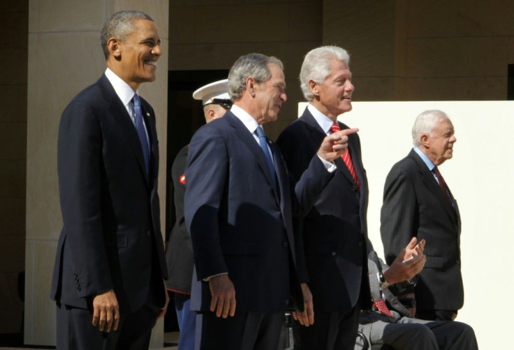 Four ex-presidents: Barack Obama, George W. Bush, Bill Clinton, and Jimmy Carter attend the opening of the George W. Bush library in Dallas, Texas in 2013
