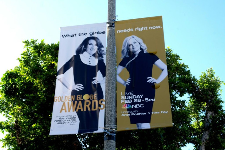 Signage advertising the Golden Globes hosted by Tina Fey and Amy Poehler, in February 2021