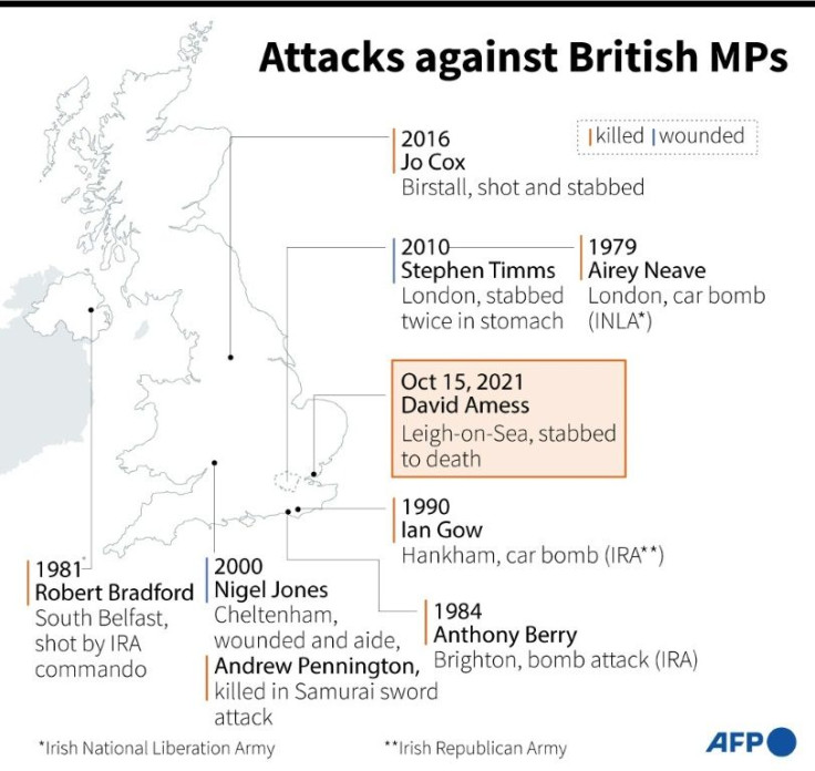 Map of Britain locating attacks against British MPs since 1979.