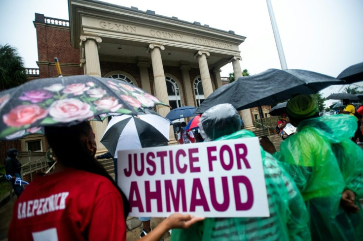 Protesters demand justice for Ahmaud Arbery outside a court in Brunswick, Georgia in June 2020