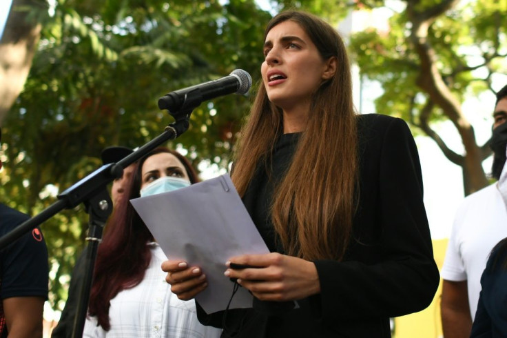 Camilla Fabri, the wife of Colombian businessman Alex Saab, who was extradited to the United States, speaks during a demonstration demanding his release, in Caracas, Venezuela, on October 17, 2021