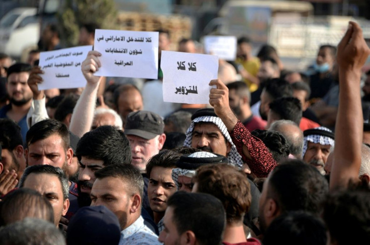 Iraqis protest the results of parliamentary elections in the northern city of Mosul