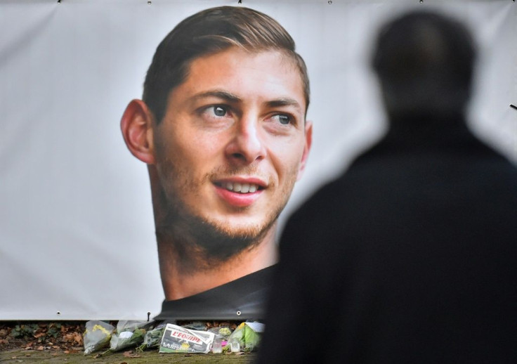 A portrait of Emiliano Sala displayed in front of the entrance of the FC Nantes football club training centre in 2019 after he died in a plane crash
