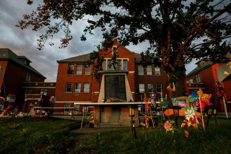 A makeshift memorial in outside the former Kamloops Indian Residential School to honor the 215 children whose remains were found near the facility, in Kamloops, Canada, on September 1, 2021