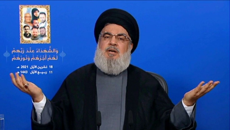 An image grab from Hezbollah's al-Manar TV on October 18, 2021, shows Hassan Nasrallah, the head of the Lebanese Shiite movement Hezbollah, delivering a televised speech from an undisclosed location