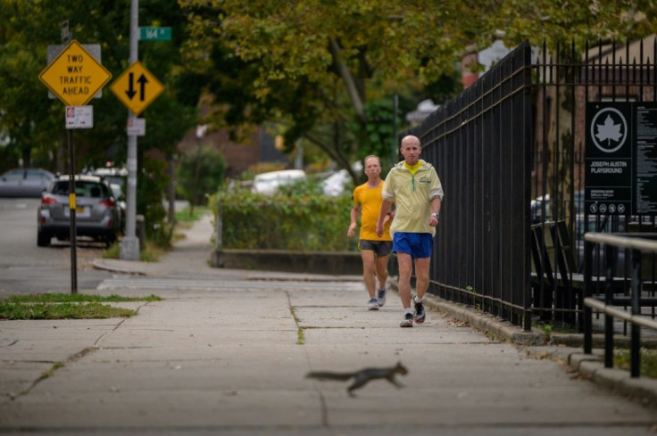 A squirrel runs past Ananda Lahari Zuscin (R) of Slovakia and Stutisheel Lebedyev (C) of Ukraine in the 'Self-Transcendence 3100 Mile Race', the world's longest certified foot race, in the Queens borough of New York on October 12, 2021