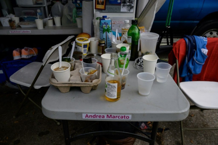 Drinks and food for runner Andrea Marcato of Italy are displayed during the 'Self-Transcendence 3100 Mile Race', the world's longest certified foot race, in New York