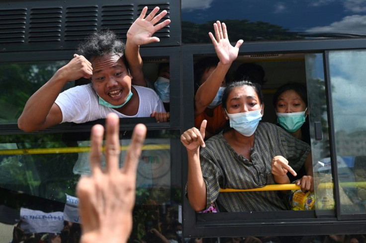 Some of the cheering crowd flashed the three-fingered salute -- a sign adopted by the democracy movement