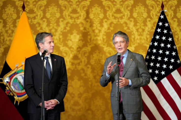 Ecuador's President Guillermo Lasso welcomes US Secretary of State Antony Blinken at Carondelet presidential palace in Quito