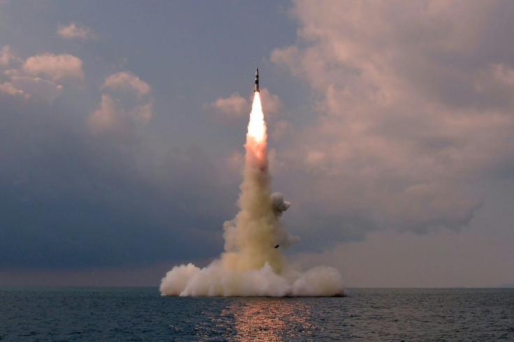 This picture taken on October 19, 2021 and released from North Korea's official Korean Central News Agency (KCNA) on October 20, 2021 shows test fire of a new type submarine-launched ballistic missile in an undisclosed location in North Korea
