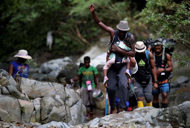 Haitian migrants crossing the jungle of the Darien Gap, from Colombia and headed for Panama, on their way trying to reach the US in June 2021