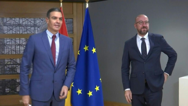 IMAGESCharles Michel, president of the European Council, welcomes Pedro Sanchez, Prime Minister of Spain, to a bilateral meeting ahead of a European Union leader's summit.