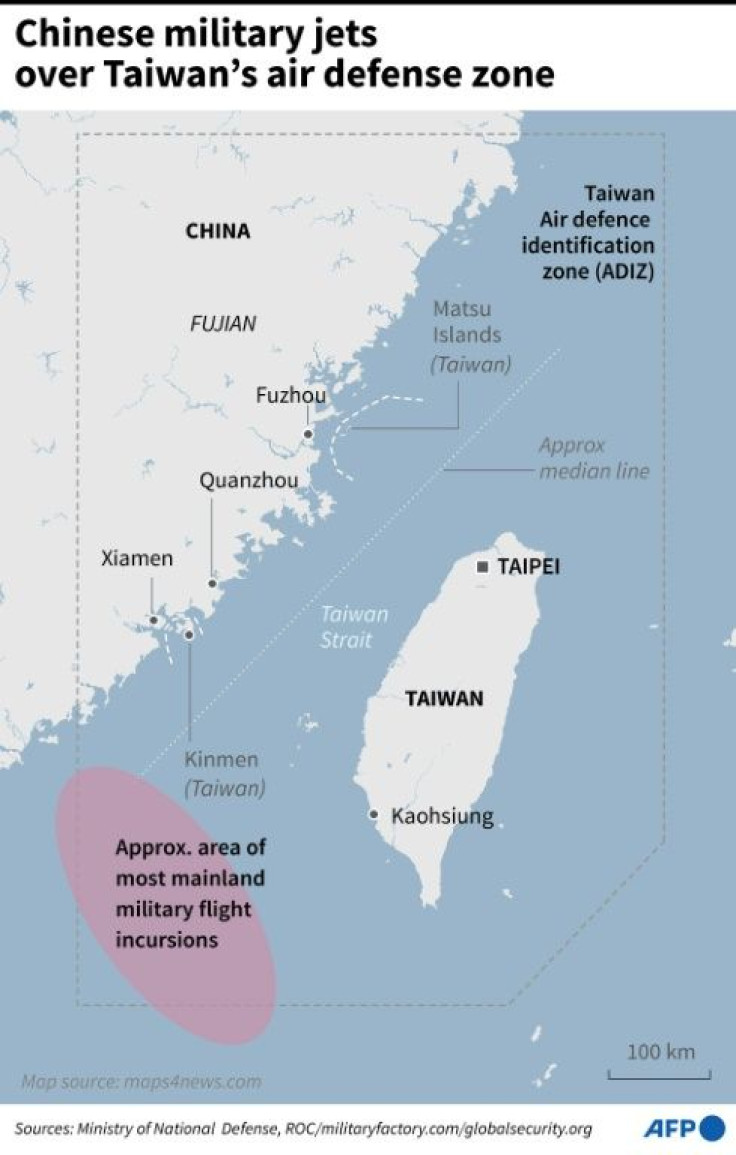 Map showing Taiwan's air defence identification zone (ADIZ), and the area most frequently enchroached on by China's military jets, according to the island's ministry of defense announcements via Twitter.