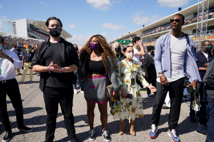 Star quality: Tennis ace Serena Williams and her husband Alexis Ohanian are seen with former professional basketball player Chris Bosh and his wife Adrienne Bosh at the race