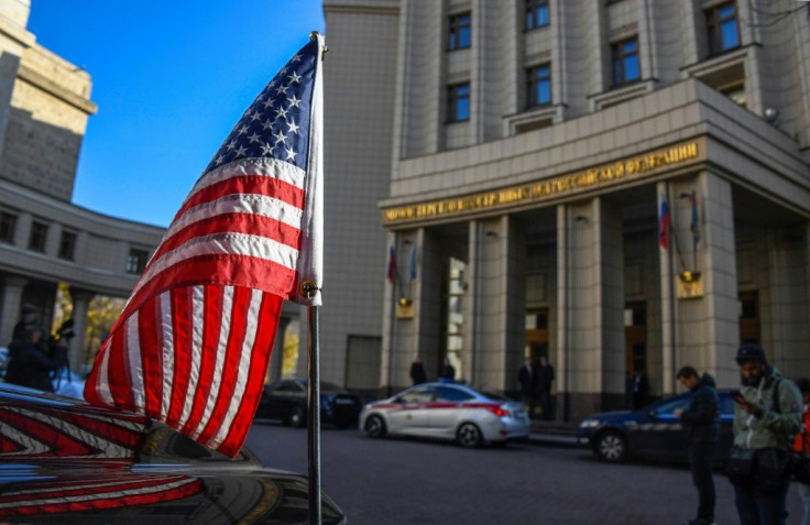 A US Embassy vehicle was parked before the Foreign Ministry building in Moscow as US Under Secretary of State Victoria Nuland arrived on Oct. 12, 2021, for talks on a diplomatic staffing dispute and other matters