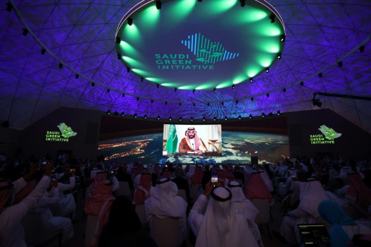 Saudi Crown Prince Mohammed bin Salman delivers a speech during the opening ceremony of the Saudi Green Initiative forum on October 23, 2021, in the Saudi capital Riyadh