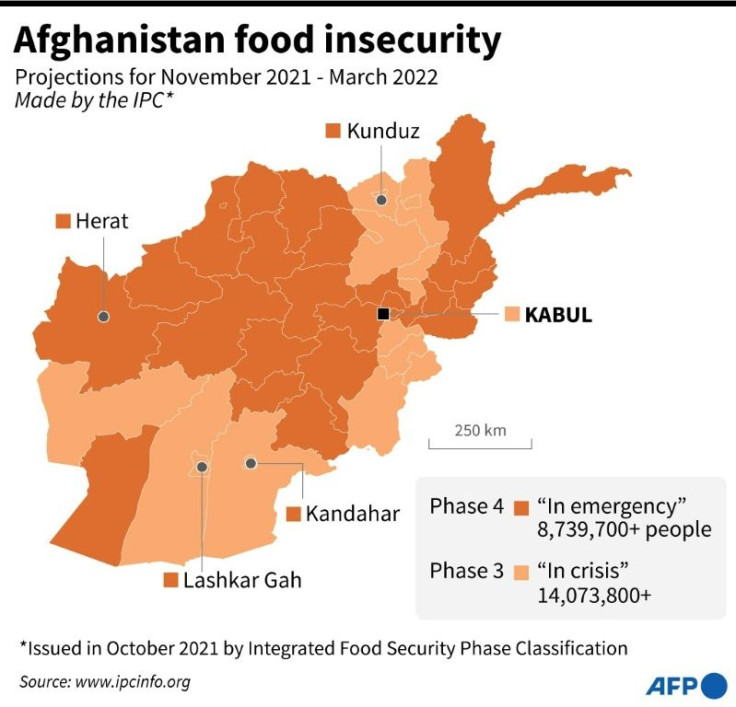 Map showing projected food insecurity in Afghan provinces for November 2021 to March 2022, according to estimates made in October by the Integrated Food Security Phase Classification (IPC).