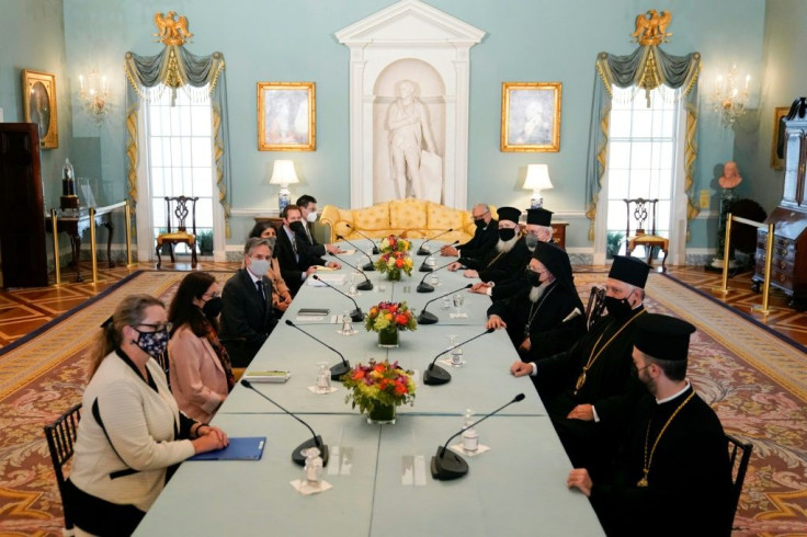 Secretary of State Antony Blinken (thid on left) welcomes Ecumenical Patriarch Bartholomew I (third from right) at the State Department