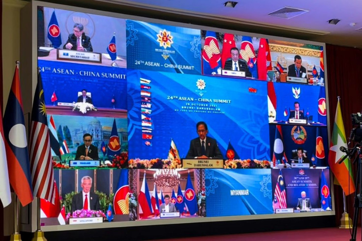 A big screen showed the leaders participating in the talks, with just a blue display with the word 'Myanmar' where the country's representative was supposed to be