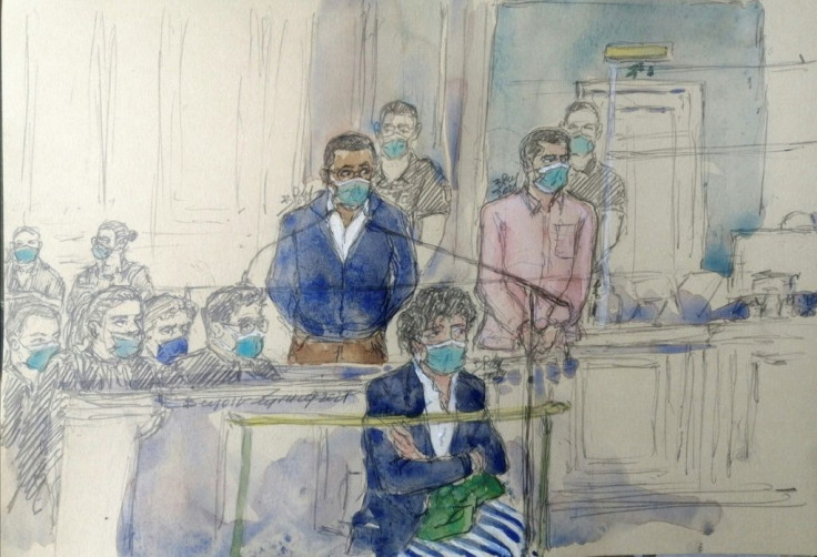 A court sketch shows Yacine Mihoub () and Alex Carrimbacus (r) in the dock