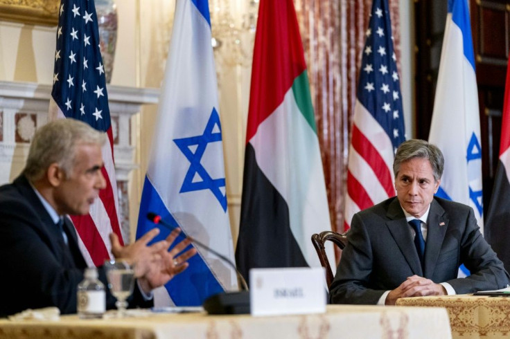 Israeli Foreign Minister Yair Lapid and US Secretary of State Antony Blinken take part in a joint news conference at the State Department on October 13, 2021