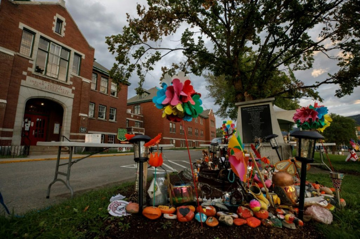 A makeshift memorial outside the former Kamloops Indian Residential School in Canada, seen in September 2021, honors 215 children whose remains were found near the facility