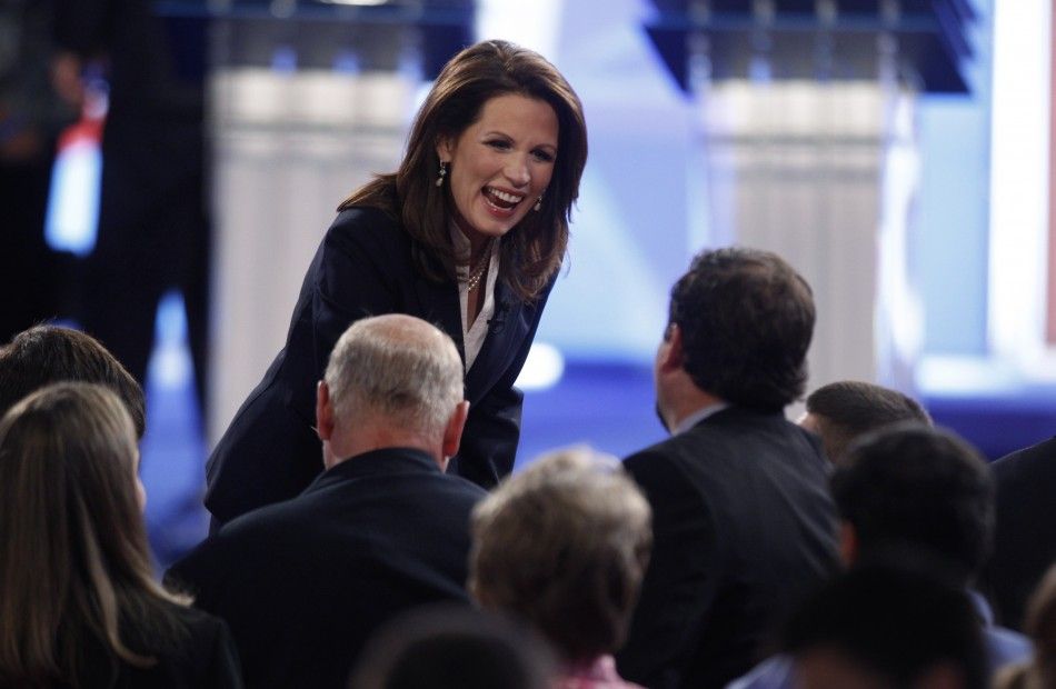 U.S. Rep. Bachmann talks to the audience after the end of the first New Hampshire debate of the 2012 campaign in Manchester