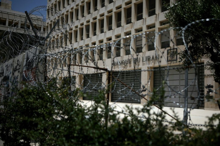 This file photo taken on May 20, 2020, shows a view of the fortified entrance of Lebanon's central bank in the capital Beirut amid the country's devstating economic crisis