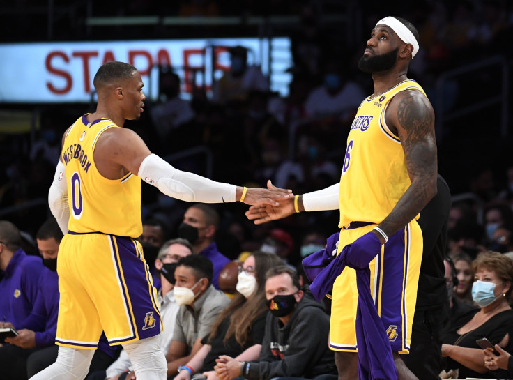 LeBron James #6 and Russell Westbrook #0 of the Los Angeles Lakers