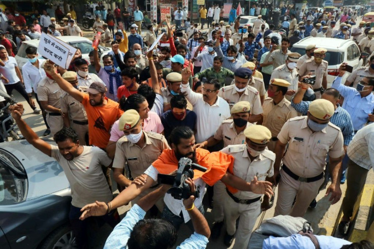 Police secure the site of Friday prayers as Hindu right-wing groups protest in Gurgaon