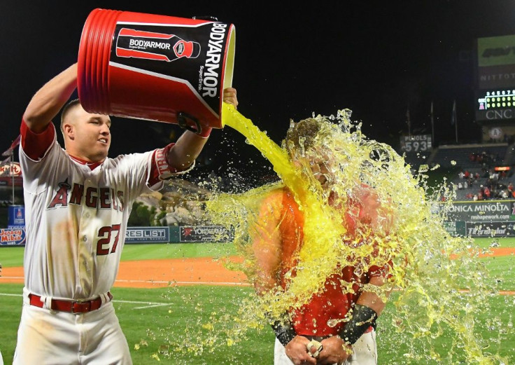 Mike Trout of the Los Angeles Angels pours BodyArmor over a teammate in 2017. The sports drink firm's investors include several professional athletes