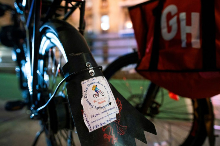 A sticker of the New York delivery workers self-defense group -- most deliveristas are undocumented immigrants, meaning they are often reluctant to contact police