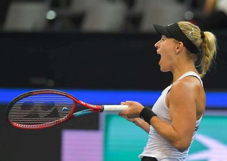 Germany's Angelique Kerber celebrates her win after edging third-ranked Barbora Krejcikova of the Czech Republic 6-7 (5/7), 6-0, 6-4 in a roller-coaster match