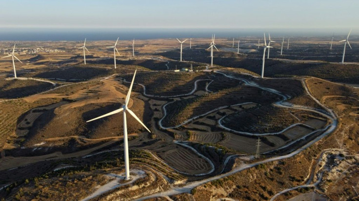 In 2019 just 13.8 percent of Cyprus's power came from solar and wind energy, including the Alexigros wind farm, pictured, near the southern coastal city of Larnaca