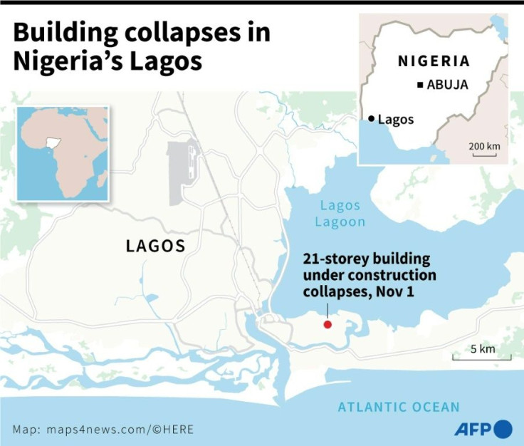 Map locating where a building collapsed on Monday in Lagos, Nigeria