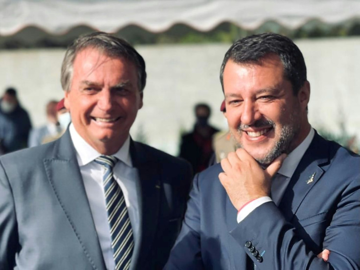 Brazilian President Jair Bolsonaro (L) and Italian Lega leader Matteo Salvini during a commemoration for Brazilian soldiers fallen during WWII in Pistoia, Italy