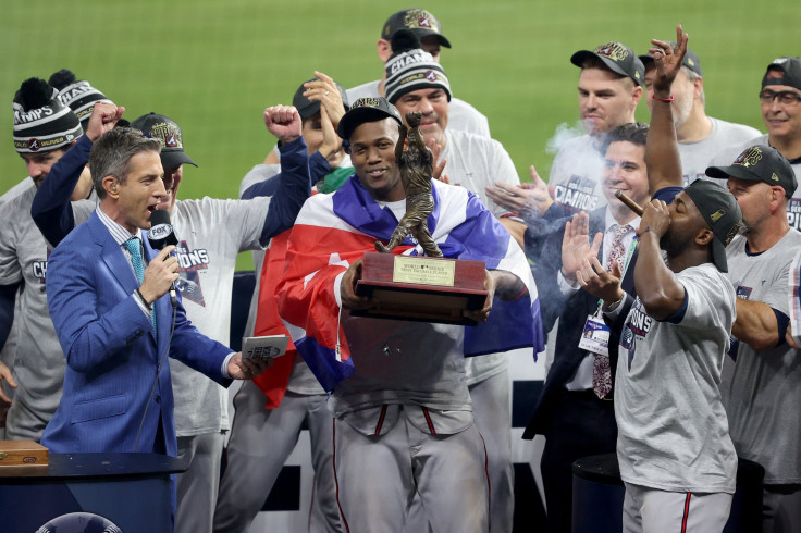  Jorge Soler #12 of the Atlanta Braves is named the MVP following the team's 7-0 victory against the Houston Astros in Game Six to win the 2021 World Series at Minute Maid Park 