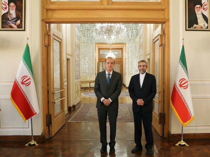 Iranian Deputy Foreign Minister Ali Bagheri (right) meets senior EU diplomat Enrique Mora in Tehran on October 14, 2021