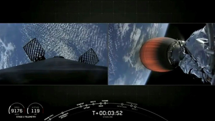 A NASA TV video frame grab shows the SpaceX Falcon 9 fourth Starlink constellation after entry burn, before it separates, after it launched at Cape Canaveral, Florida on January 29, 2020. Boeing has just won approval for its satellite constellation to pro