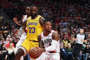  Damian Lillard #0 of the Portland Trail Blazers steals from LeBron James #23 of the Los Angeles Lakers