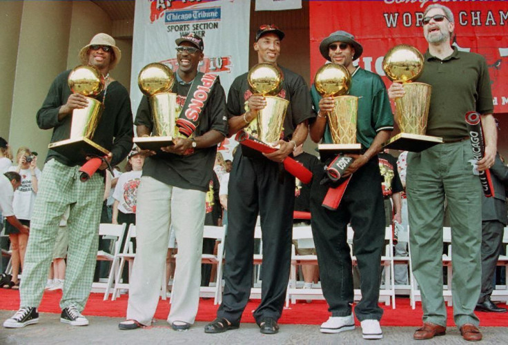 Dennis Rodman, Michael Jordan, Scottie Pippen, Ron Harper and head coach Phil Jackson all of the Chicago Bulls