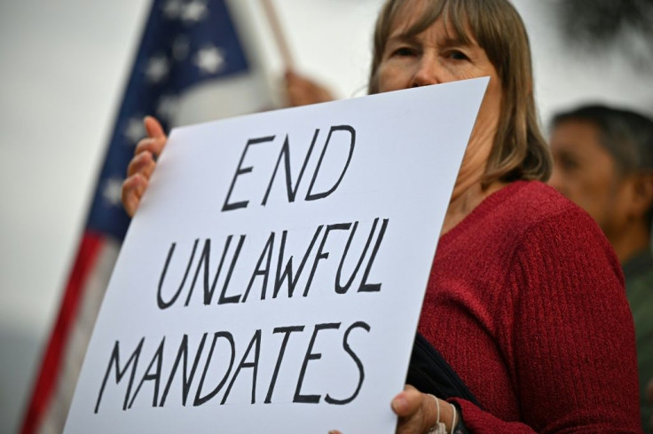 Workers at NASA's Jet Propulsion Laboratory and their supporters protest on November 1, 2021 at JPL in Pasadena, California against a government mandate requiring federal employees to received the Covid-19 vaccine