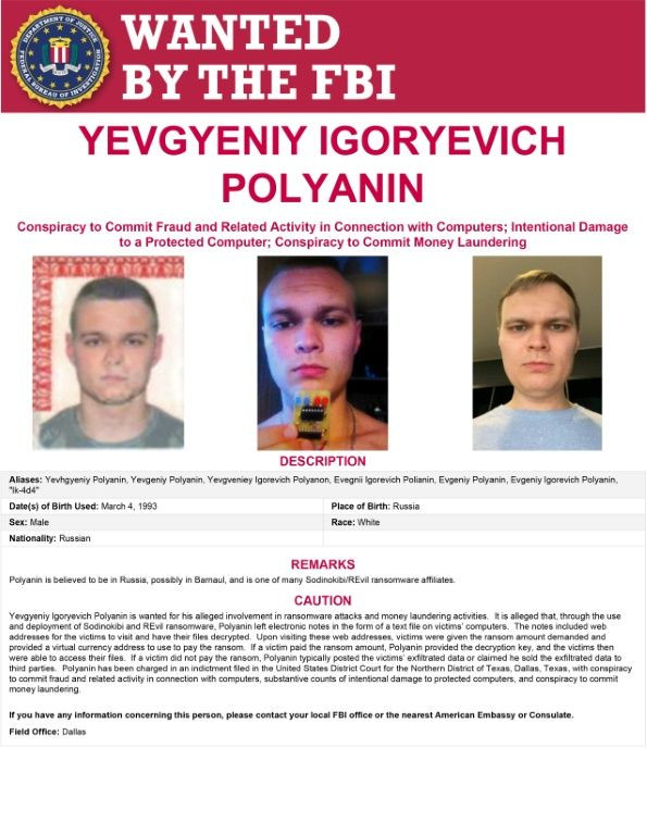 This handout image obtained from the FBI shows a wanted poster for Yevgyeniy Polyanin, 28, who has been indicted in Texas for conspiracy to commit fraud