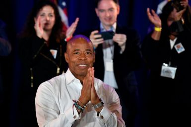 New York City Democratic Mayor-elect Eric Adams gestures to supporters during his 2021 election victory night on November 2, 2021 in New York City