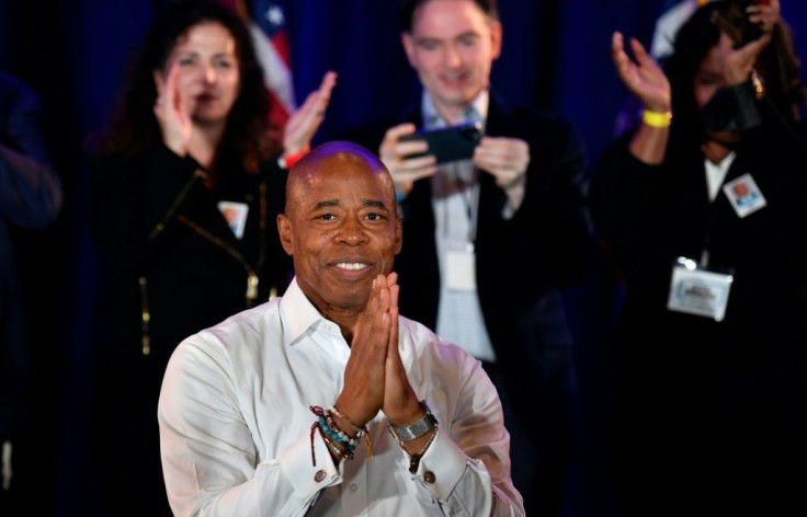 New York City Democratic Mayor-elect Eric Adams gestures to supporters during his 2021 election victory night on November 2, 2021 in New York City