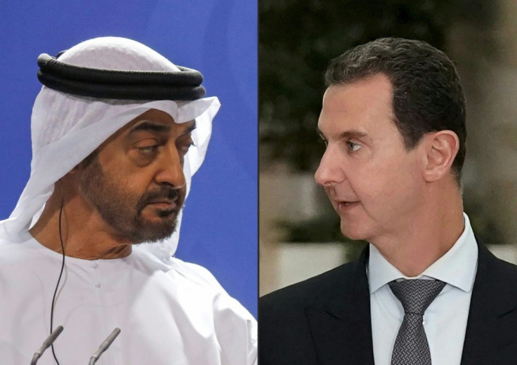 A combination photo created on November 9, 2021 shows Abu Dhabi's Crown Prince Mohammed bin Zayed (L) and Syrian President Bashar al-Assad -- the two held a rare phone call in October 2021