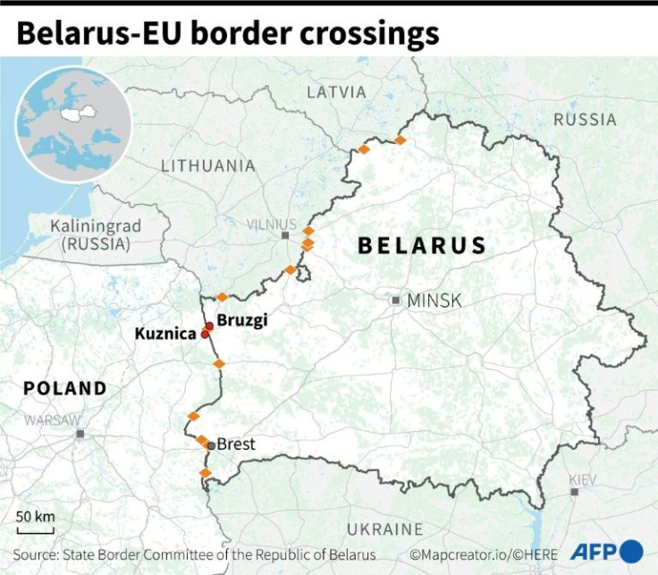 A map showing the border crossing points between Belarus and the three EU countries of Poland, Lithuania and Latvia