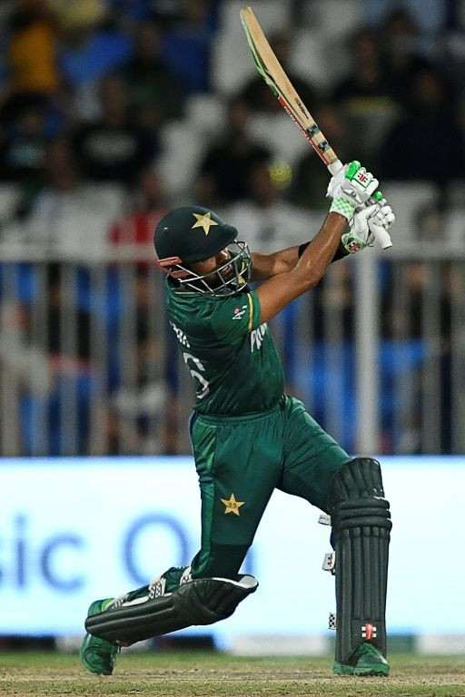 Up and away: Pakistan captain Babar Azam hits a six against Scotland