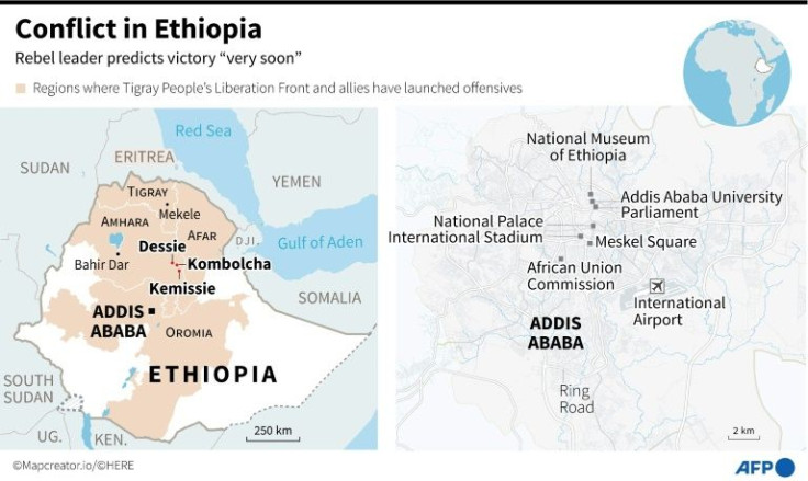 Map showing Ethiopian regions where the Tigray People's Liberation Front and allies have launched offensives and a zoom of the capital Addis Ababa.